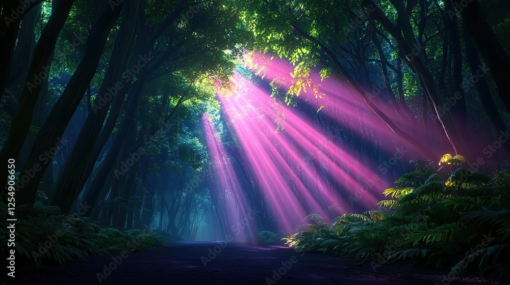 Poster glow forest idea. a serene forest scene with vibrant light rays filtering through lush green trees.