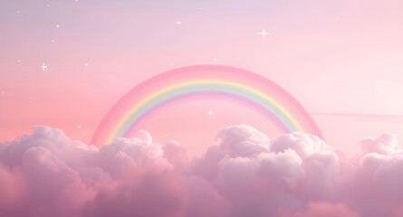 Whimsical Pastel Rainbow Background with Sparkling Stars, Vibrant Pink Clouds, and Soft Fantasy Sky, Iridescent Gradient Backdrop