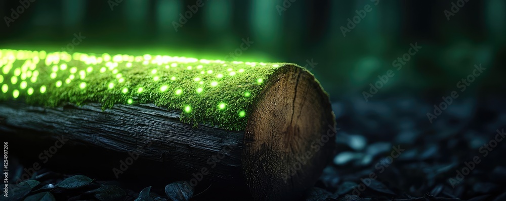 Poster glow forest idea. a glowing log in a forest, illuminated by vibrant green light, creating a magical 