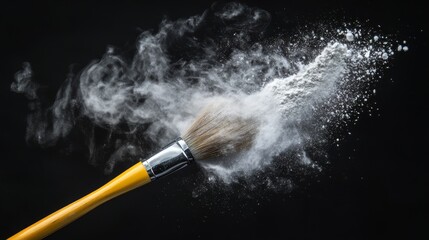 artistic tool photography, white powder cloud, suspended dust particles, yellow brush handle, black void background, dynamic movement capture, powder dispersion effect