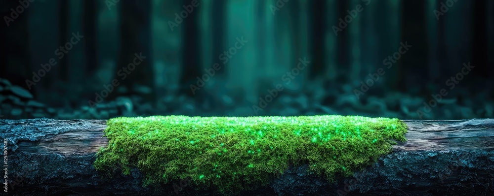 Poster glow forest idea. lush green moss grows on a fallen tree trunk in a tranquil forest setting.