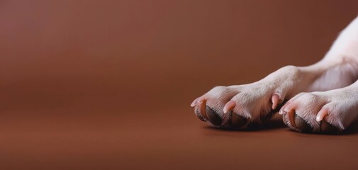 Naklejka premium Detailed capture of white and brown dog paws resting gently on a plain brown background, highlighting their soft textures and charm