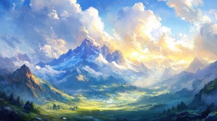 Fototapeta premium Vibrant mountain landscape with sunbeams breaking through the clouds