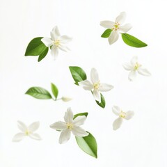 Fototapeta premium White flowers, leaves, floating, white background, floral design