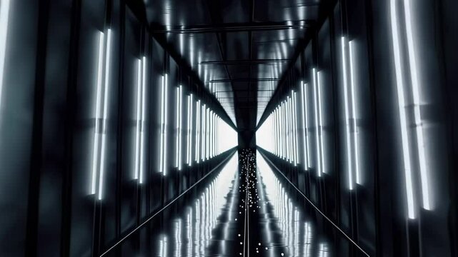 Architectural photography capturing a symmetrical corporate hallway with dramatic lighting, sleek metallic surfaces, and infinite perspective. Shot with wide-angle lens creating strong leading lines. 