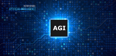 Artificial General Intelligence concept. Microchip with electric circuit board technology on blue background