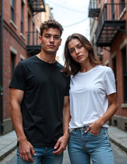 Fototapeta premium Male and Female T-shirt Mockup Models Outdoor Plain T-shirt