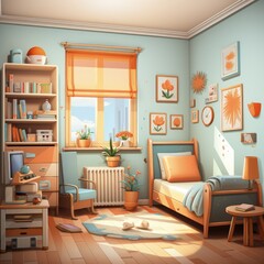 Digital Vector Illustration of a Bright and Fun Kids' Bedroom Design