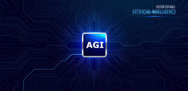 Artificial General Intelligence concept. Microchip with electric circuit board technology on blue background