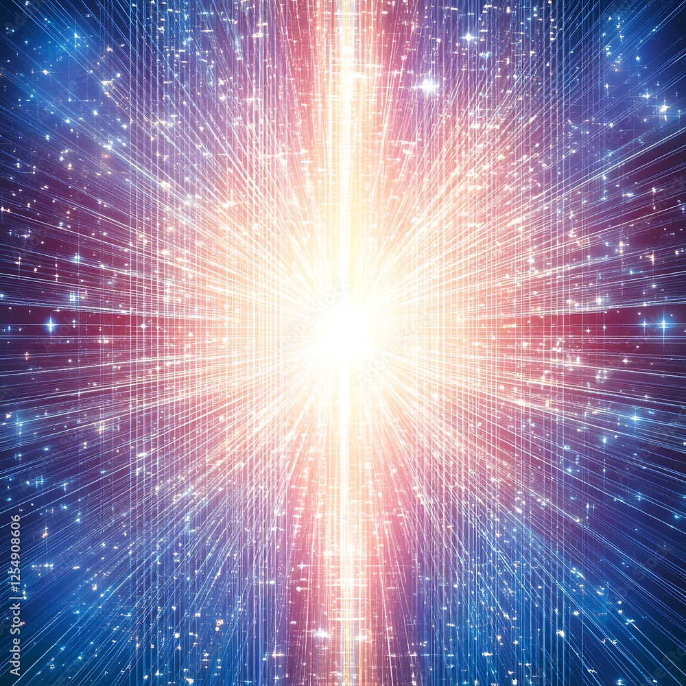 Poster bright starburst of light radiating through a tunnel of data streams and celestial dust elements