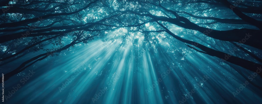 Aufkleber glow forest idea. serene underwater view with sunlight filtering through the forest canopy.