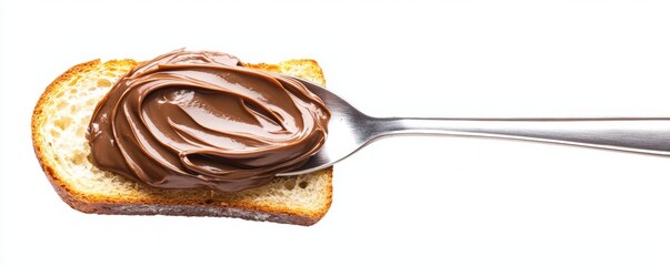 Indulgent chocolate spread swirled over a fluffy slice of bread, with a shiny spoon adding depth and contrast to the composition