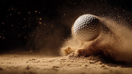 golf ball momentum, sandy dust burst, dark atmospheric background, floating sand particles, dynamic motion blur, sports photography, beige powder trail, dramatic impact