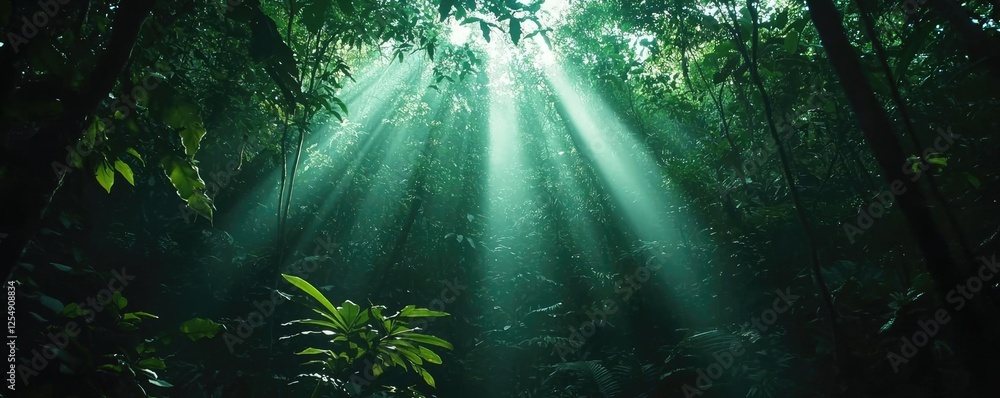 Poster glow forest idea. sunlight filters through dense trees in a tranquil, lush green forest.
