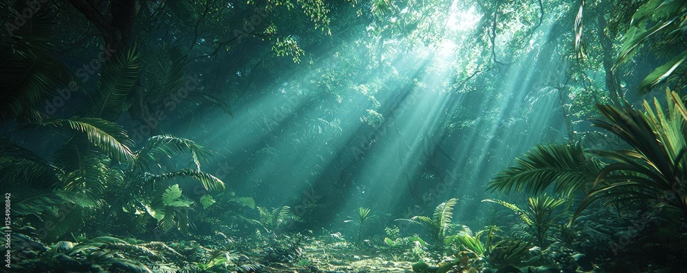 Poster glow forest idea. sunlight filters through lush trees in a serene forest, creating a tranquil atmosp