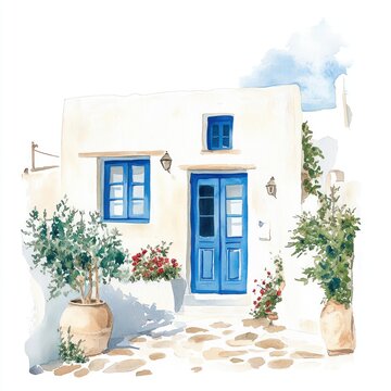 Fototapeta An ancient greek Santorini Cycladic houses painting art architecture.