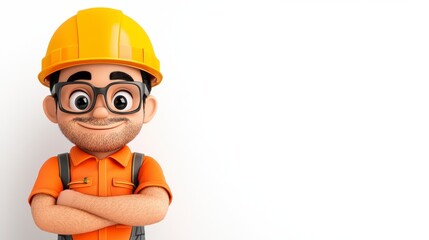 A cheerful cartoon construction worker in an orange shirt and yellow hard hat, smiling confidently with arms crossed against a plain background.