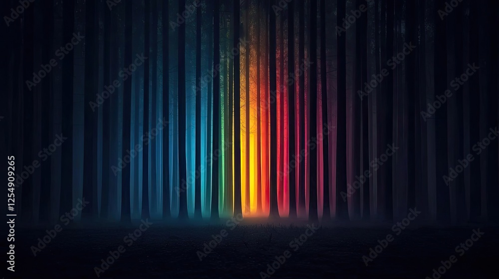 Aufkleber glow forest idea. a vibrant abstract image of colorful light shining through a dark forest backdrop.