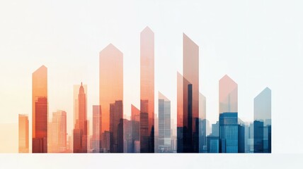 A modern city skyline with geometric buildings and a gradient color scheme, blending orange and blue hues, creating a dynamic visual effect.