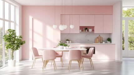 Empty dining table with chairs in a modern pastel-themed kitchen, sleek and stylish design, spacious and bright atmosphere