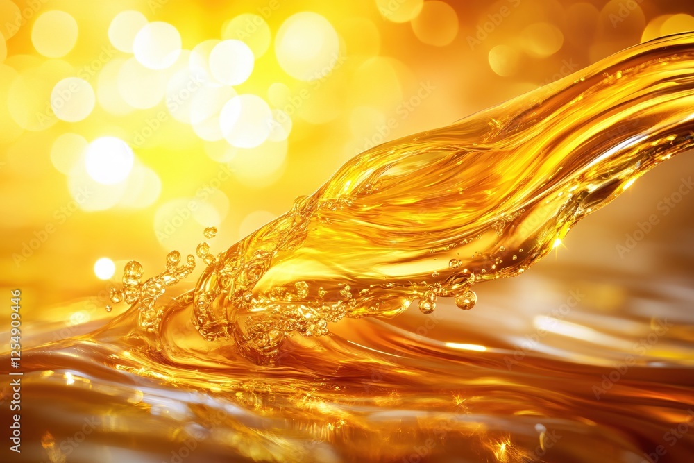 Poster golden liquid flowing with bubbles and bokeh background creates a luxurious and dynamic scene