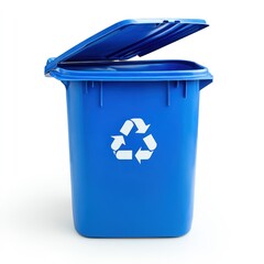 Open blue recycling bin, studio shot, white background, waste disposal (2)