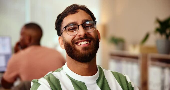 Laugh, confident and face of man in office with new job for software development career. Pride, portrait and male frontend developer with online UX design for interface prototype in workplace.