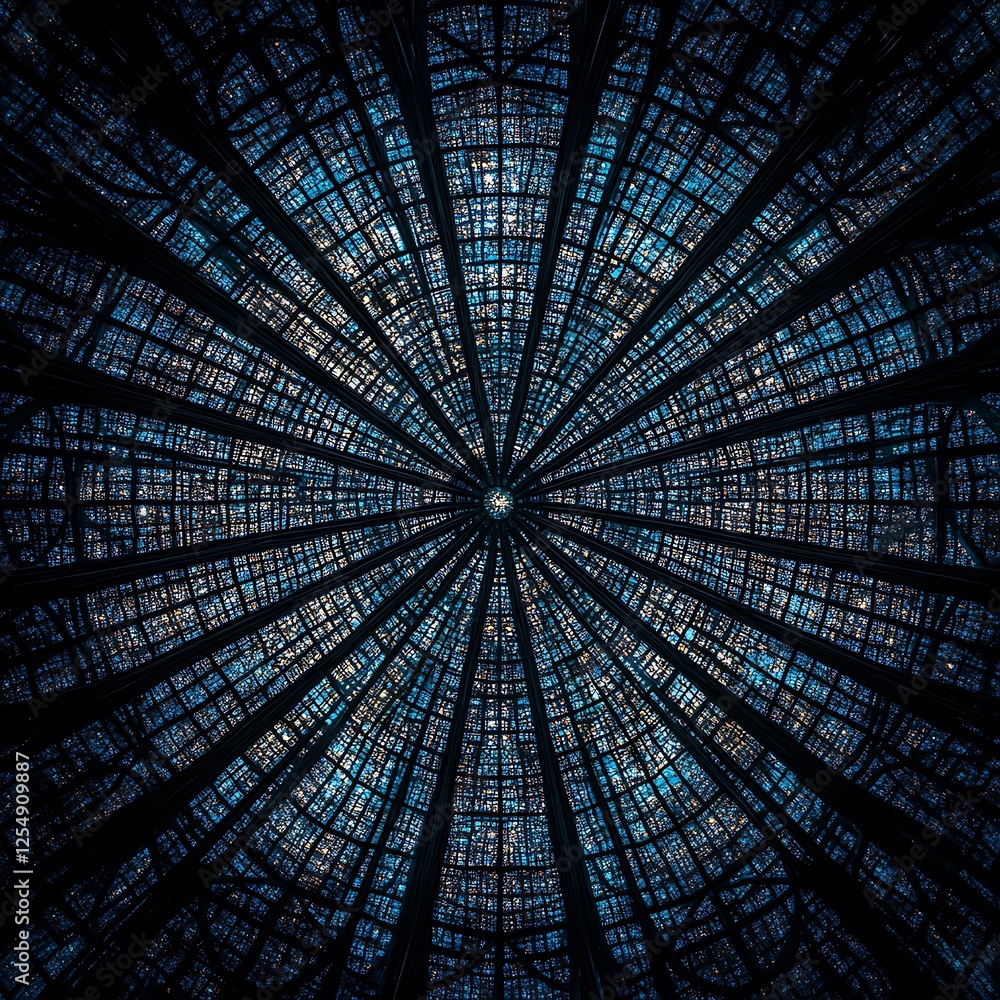 Poster captivating view of a complex web ceiling with intricate radial patterns and geometric illumination