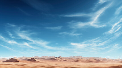 Naklejka premium Vast desert landscape under a bright blue sky with soft clouds and distant mountains throughout the horizon bathed in warm sunlight
