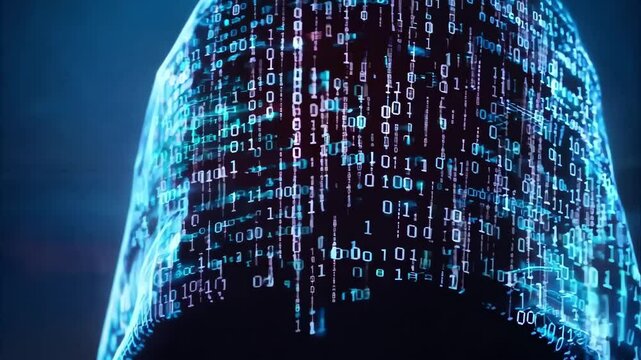 A figure in a hooded garment with a digital pattern of binary code, symbolizing themes of technology and anonymity.