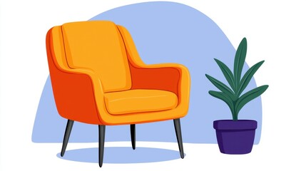 Orange Armchair and Potted Plant in Minimalist Interior
