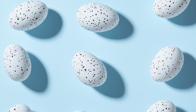 Minimalist pastel blue background with neatly aligned speckled eggs, creating a fresh, spring-inspired visual aesthetic