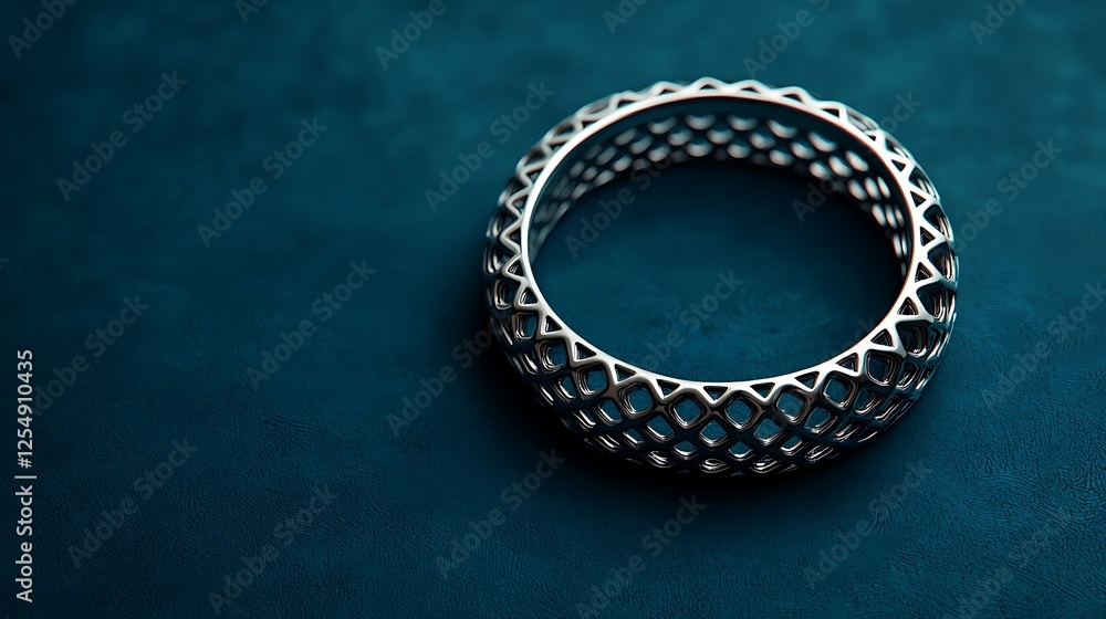 Poster a detailed silver ring with a lattice design rests on a dark surface, showcasing its intricate patte