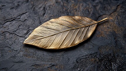 Ornate gold leaf on dark stone surface, aesthetic display, still life, possible jewelry design showcase