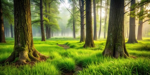 Fototapeta premium Swampy Forest Edge, Green Grass, Brown Tree Trunks - Rule of Thirds Photography
