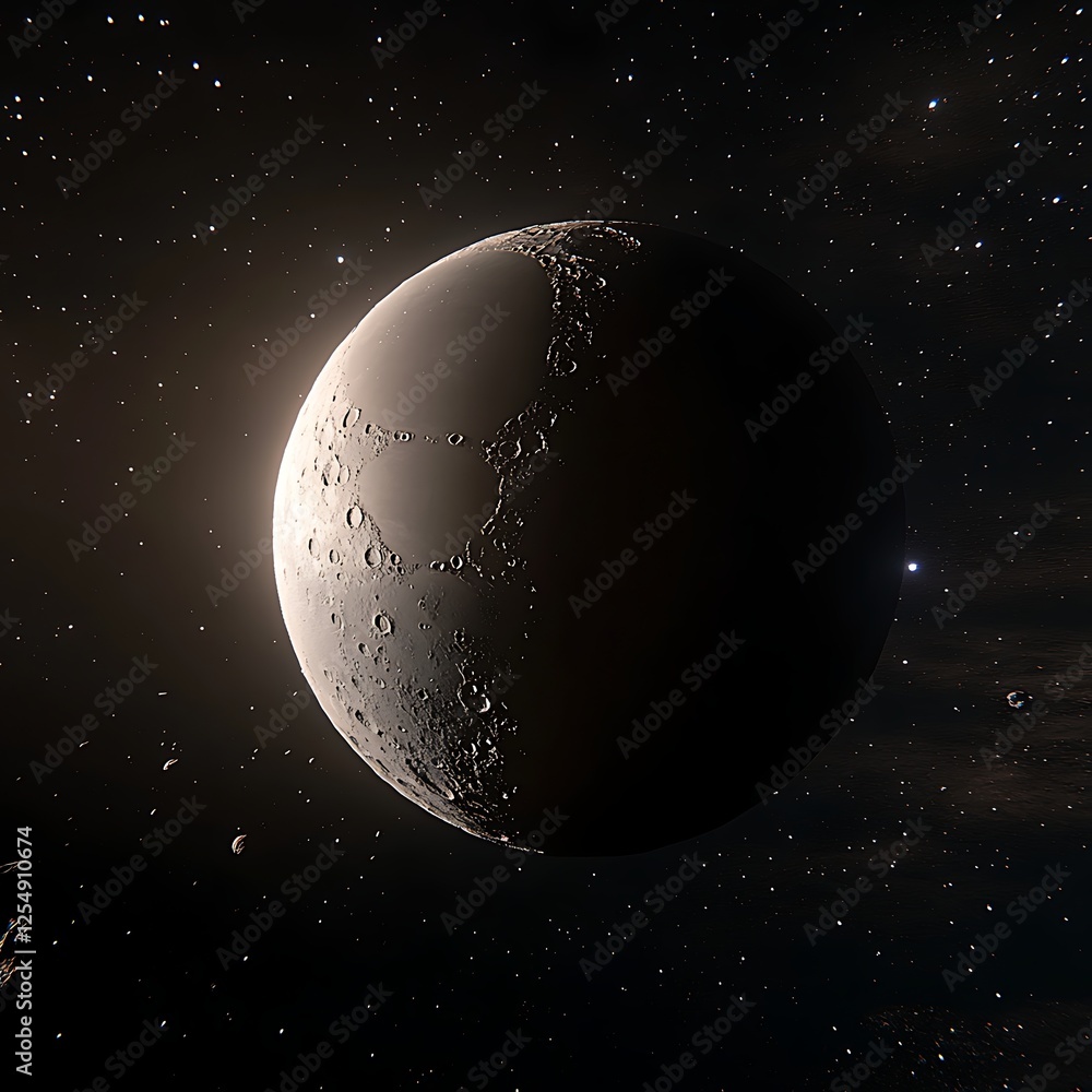 Poster celestial body with cratered surface set against a starry background in deep outer space