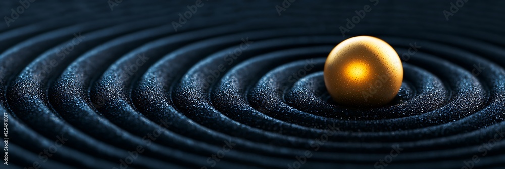 Poster a golden sphere rests at the center of dark, rippling waves, creating a serene and abstract visual e