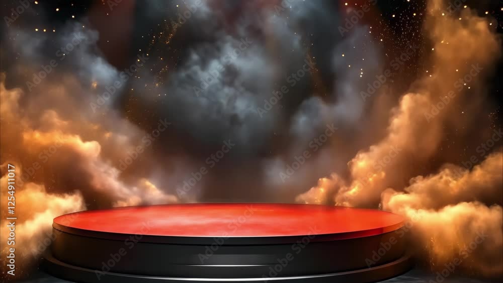 Poster a dramatic stage setup with a circular platform and smoky, illuminated background creating a theatri
