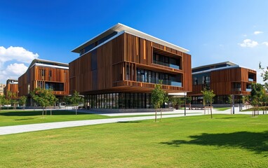 Obraz premium Modern Wooden Architecture Campus: Sustainable Design and Green Spaces