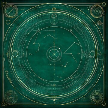 Celestial Chart of Ancient Constellations and Astronomical Timekeeping Circle with Cosmic Geometry