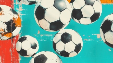 Soccer balls in motion on bright background