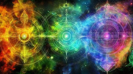 Obraz premium Celestial Conjunction Astral Alignment Cosmic Harmony Energetic Convergence Colorful Starry Dimension