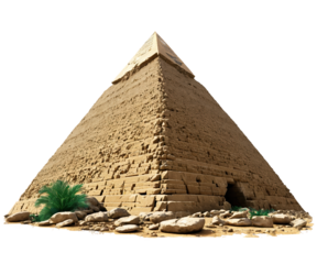 A partially destroyed Egyptian pyramid with crumbling stones and vines growing over it, showing the passage of time. Transparent background