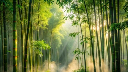 Fototapeta premium Serene Bamboo Forest with Soft Light and Misty Atmosphere