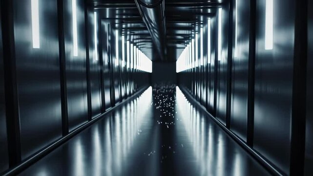 Architectural photography capturing a symmetrical corporate hallway with dramatic lighting, sleek metallic surfaces, and infinite perspective. Shot with wide-angle lens creating strong leading lines. 
