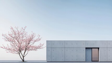 Modern Concrete House with Pink Cherry Blossom Tree