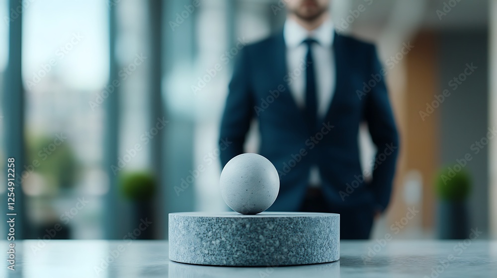 Aufkleber a professional man in a suit stands behind a minimalistic stone base with a spherical object on it, 