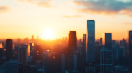 Fototapeta premium A vibrant sunset over a city skyline, casting warm hues on tall buildings, creating a serene and picturesque urban atmosphere.