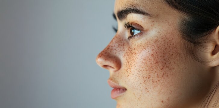 Freckled woman in profile with serene expression