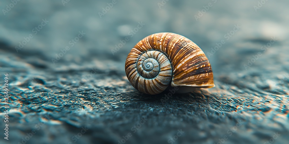 Poster a close-up of a beautiful spiral seashell resting on a textured surface, showcasing its intricate pa